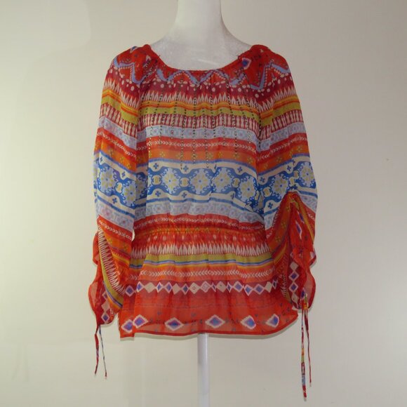 Style & Co Multi-Color Adjustable Sleeve Semi Sheer Embellished Blouse S (C1115) - Picture 2 of 6